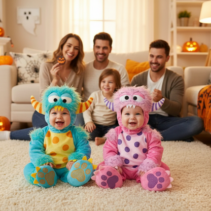 Jumeaux et leur famille au salon avec leur déguisement bebe monstre.