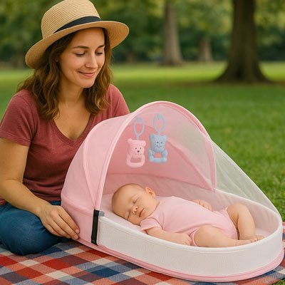 Maman en pique nique avec Lit bebe de voyage rose