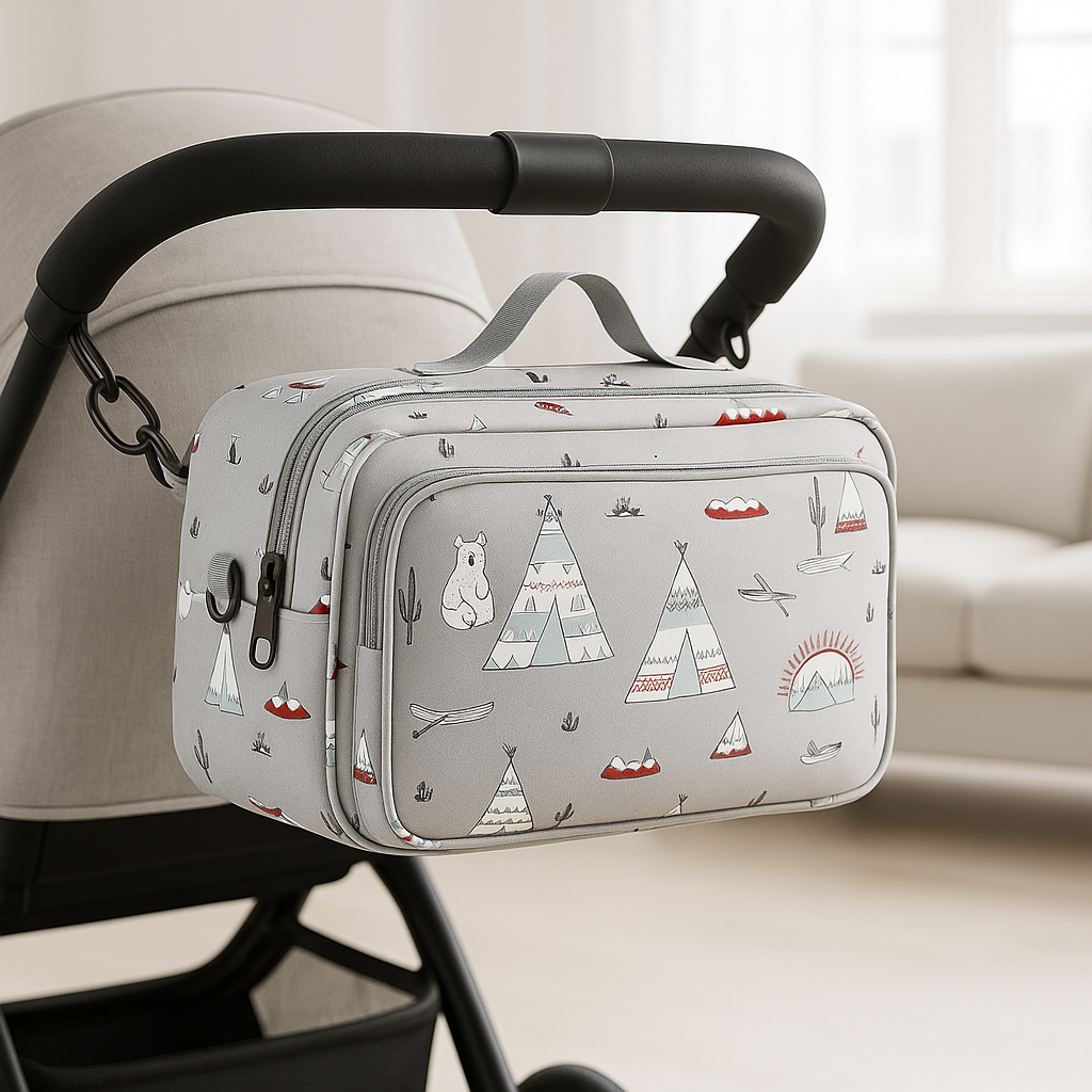 Magnifique petit sac a langer design Tipis accroché à la poussette
