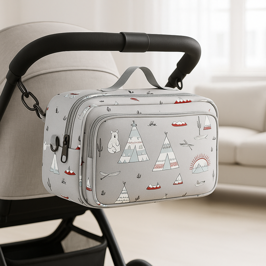 Magnifique petit sac a langer design Tipis accroché à la poussette