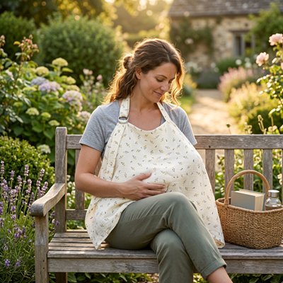 Maman allaite son bébé sur un banc avec sa cape d'allaitement.