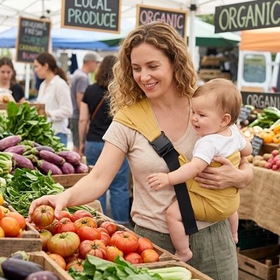 Maman au marché avec bébé dans son porte bebe jaune. 