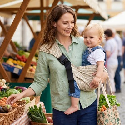 Maman au marché avec son porte bebe latéral beige zébré.