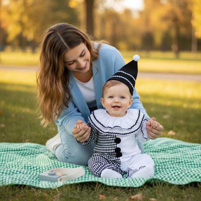 Maman au parc avec bébé dans son déguisement bébé Pierrot.
