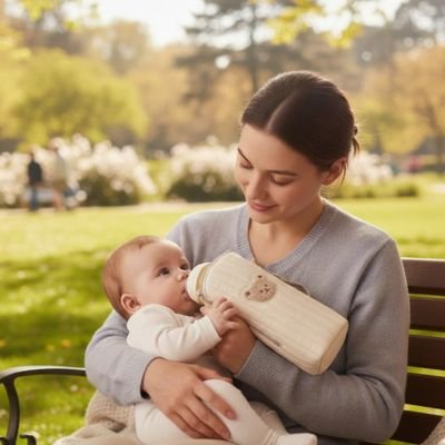 Maman au parc avec bébé et porte biberon isolant beige.