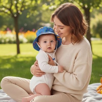 Maman au parc avec bébé et son chapeau bebe dinosaure bleu.