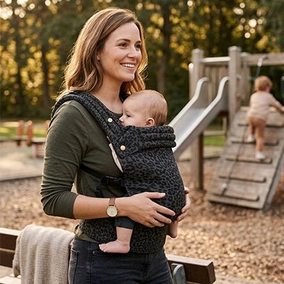 Maman au parc avec son porte bebe leopard gris fauve.