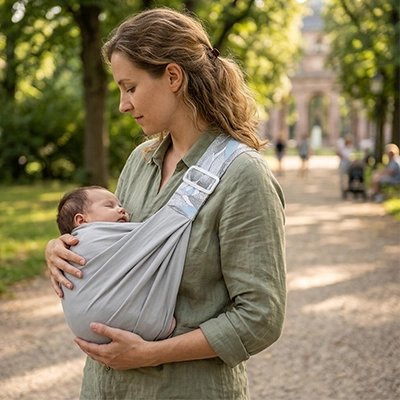 Maman au parc en été avec bébé dans son echarpe de portage grise.