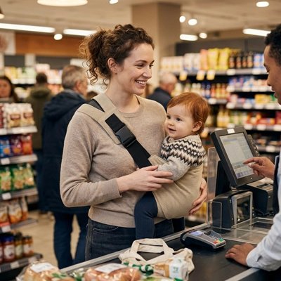Maman au super marché avec son porte bebe en velours côtelé beige.