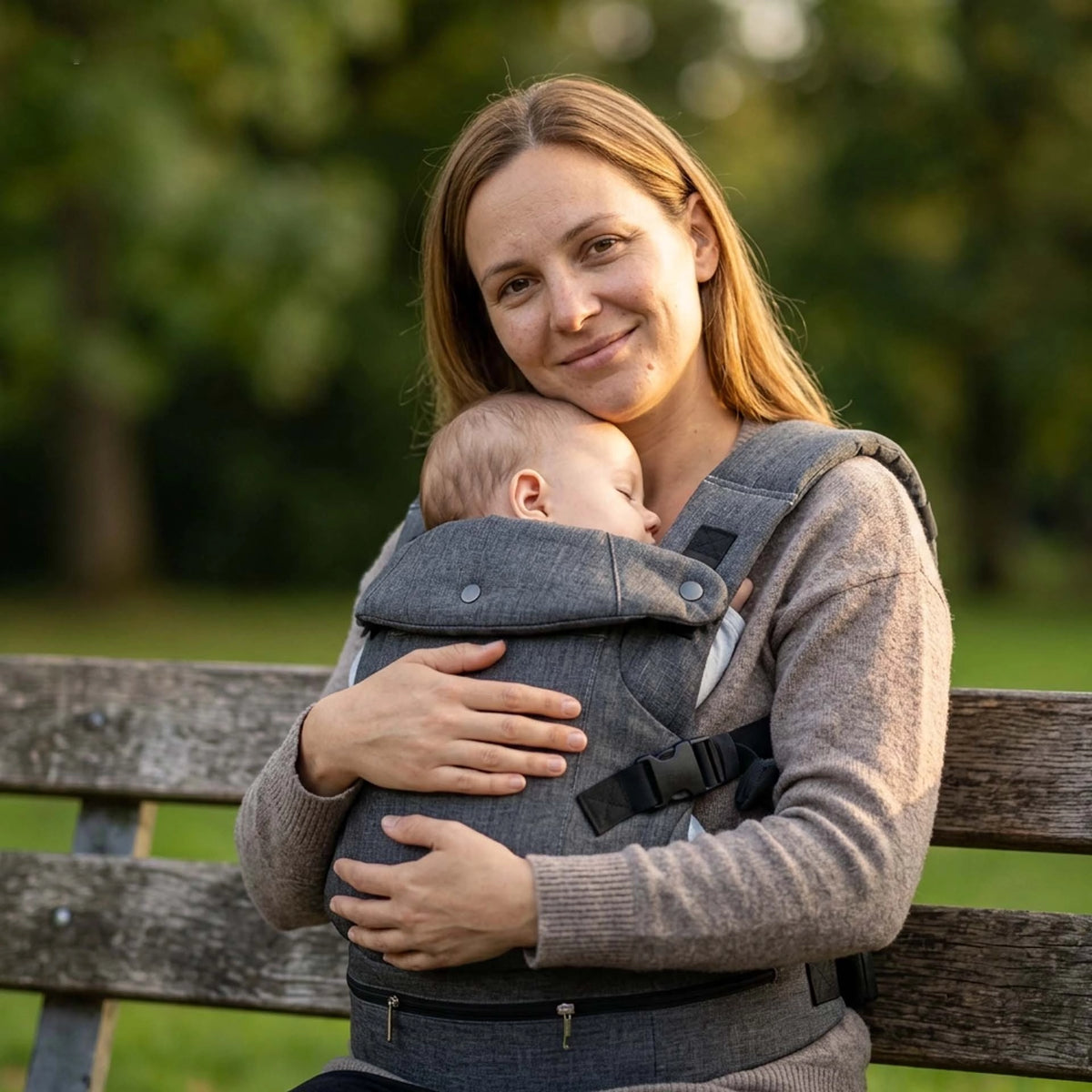 Maman sur un banc de parc avec son porte bébé évolutif confortable gris souris.