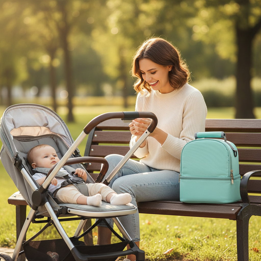 Maman sur un banc de parc avec son sac bebe isotherme menthe.
