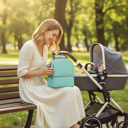 Maman sur un banc avec son sac bebe isotherme menthe compact.