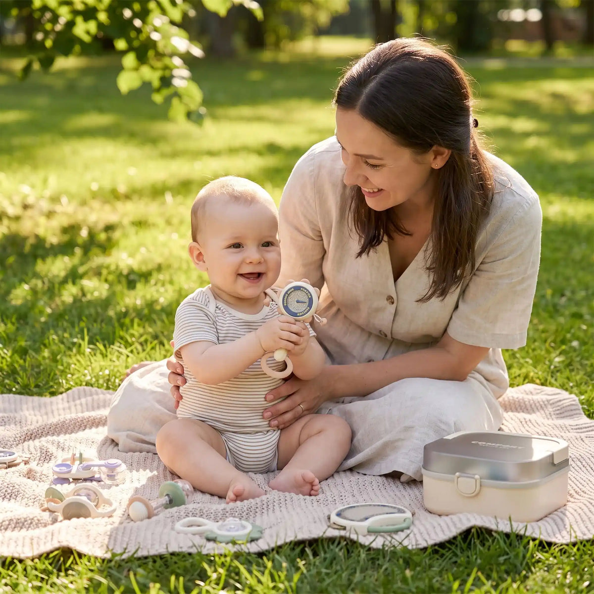 Maman et bébé au parc avec coffret de hochets 11 pcs.
