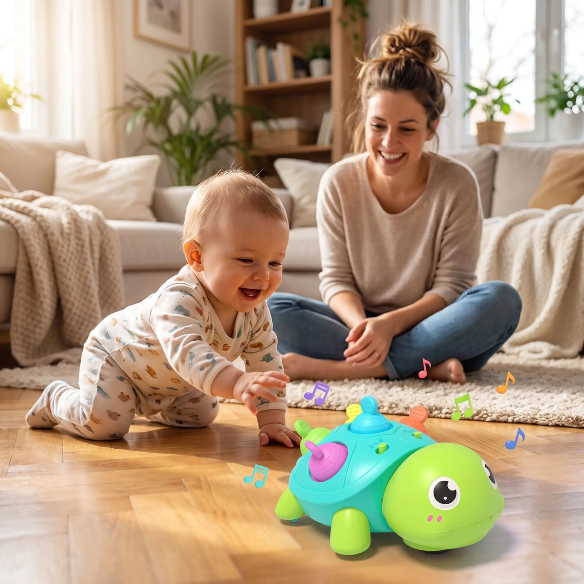 Maman et bébé au salon avec son jouet bebe tortue musicale.