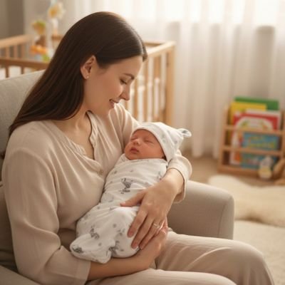 Maman berce son bébé dans sa couverture enveloppante bebe blanche.