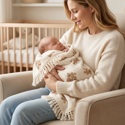 Maman berce son bébé dans sa magnifique couverture bébé.