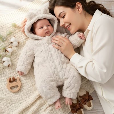Maman câline on bébé dans sa combinaison hiver pour bebe.