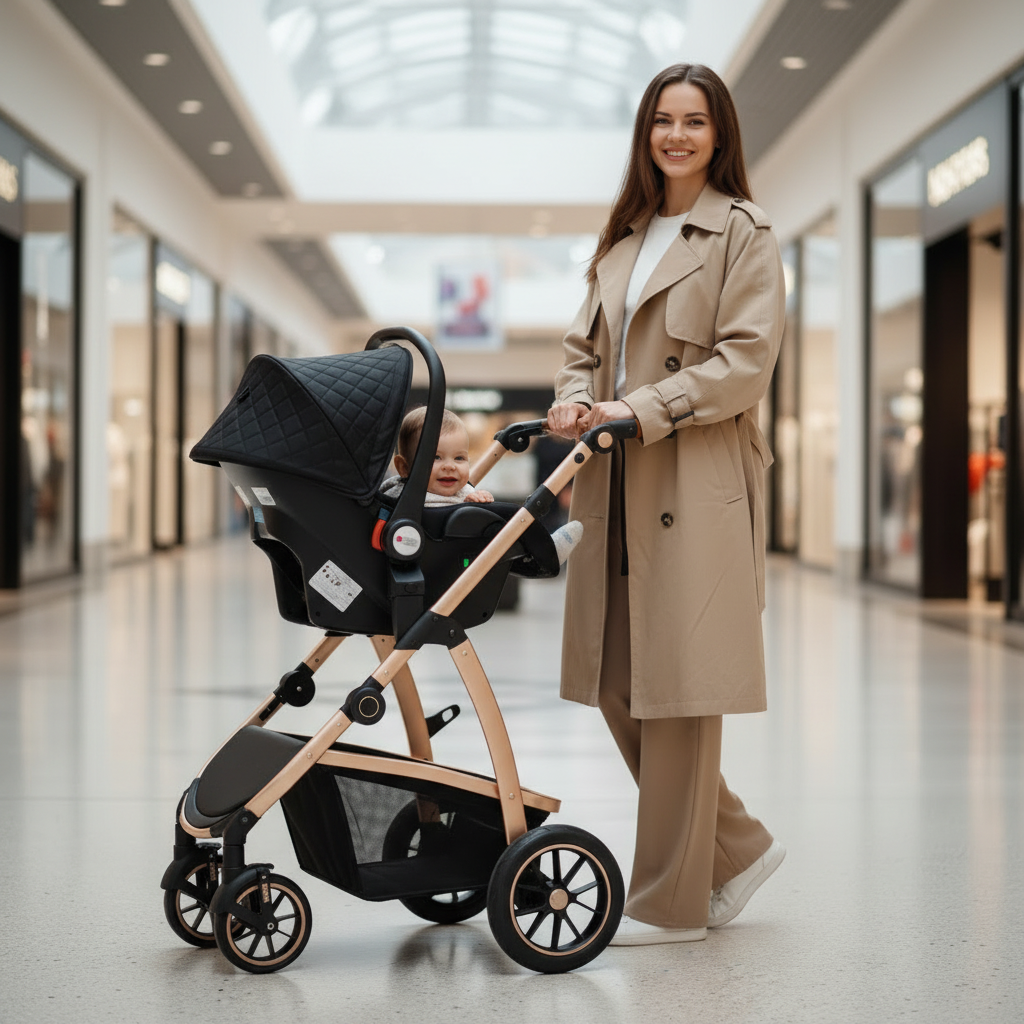 Maman au centre commercial avec sa poussette 3 en 1 chic noire.