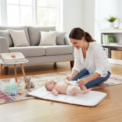 Maman change son bébé au salon sur son tapis à langer nomade pliant.