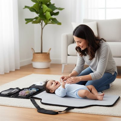 Maman changeant son garçon sur un tapis à langer nomade noir.