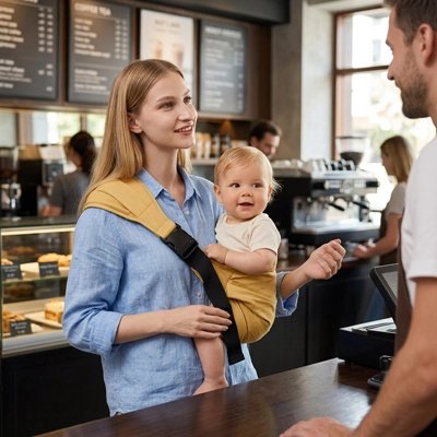 Maman dans un café portant bébé dans son Porte bebe jaune.