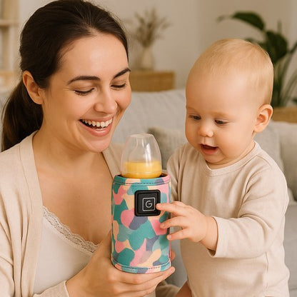 Maman donne un chauffe biberon portable à son bébé.