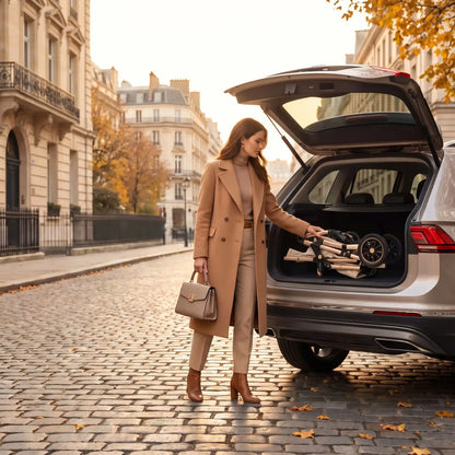 Maman élégante qui place sa poussette 3 en 1 dans le coffre de sa voiture.
