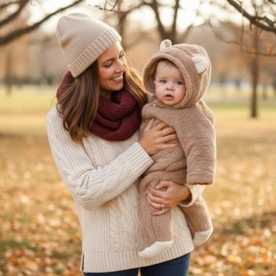 Maman en automne tient son bébé dans sa combinaison bebe en sherpa.