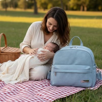 Maman en pique-nique avec bébé et son sac a langer bebe bleu ciel.