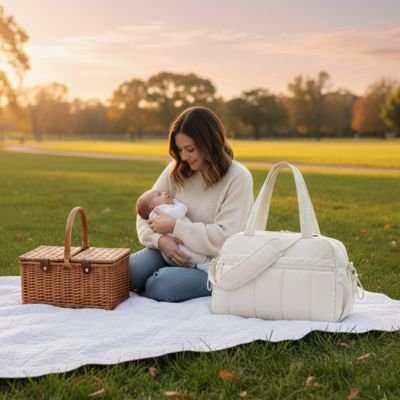 Maman en pique-nique avec bébé et son sac à langer ivoire.