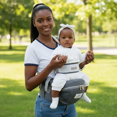 Maman en promenade au parc avec son porte bebe ergonomique siège gris.