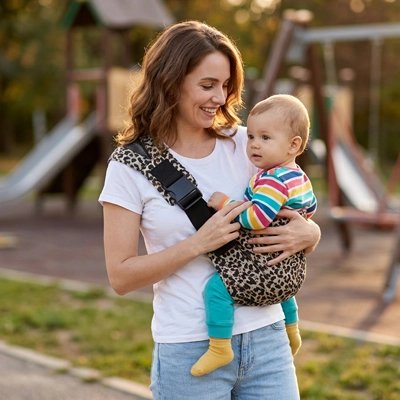 Maman en promenade au parc avec son Porte bébé léopard clair.