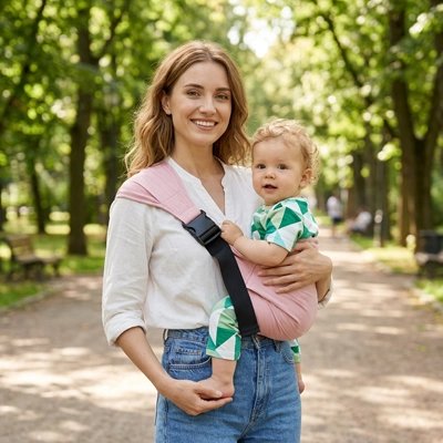 Maman en promenade au parc avec son porte bebe rose.