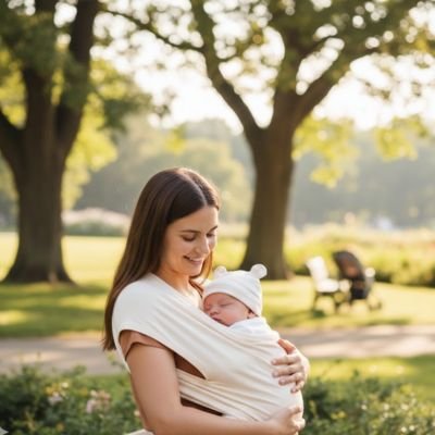 Maman en promenade avec bébé dans son écharpe et son bonnet bebe assorti.