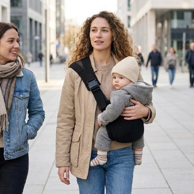 Maman en promenade avec écharpe de portage bébé en velours côtelé noir.