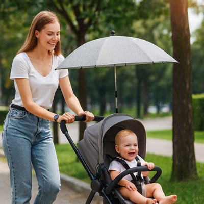 Maman en promenade avec ombrelle pour poussette​ à fixation universelle.