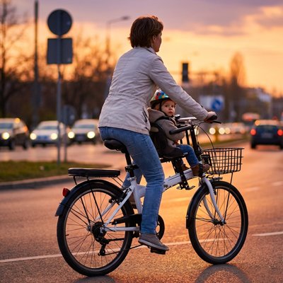 Maman en promenade avec porte bebe velo avant.