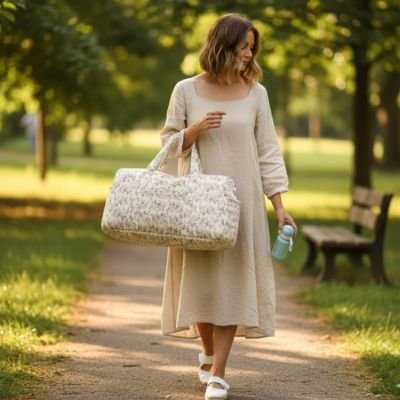 Maman en promenade avec son sac a langer bebe fourre-tout.