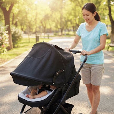 Maman en promenade avec un par soleil pour poussette​ universel noir.