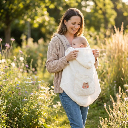 Maman en promenade en été avec sa couverture de portage tigre.