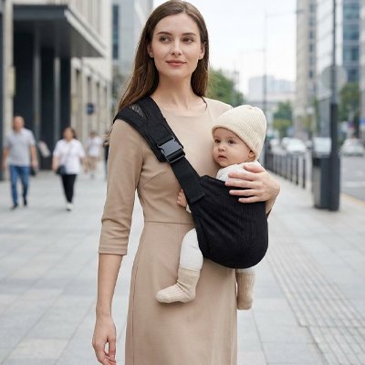 Maman en promenade en ville avec écharpe de portage bébé noire.