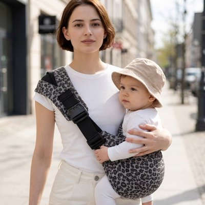Maman en promenade en ville avec écharpe de portage bébé léopard.