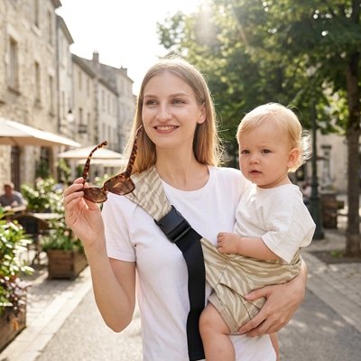 Maman en promenade en ville avec son porte bebe coton beige zébré.