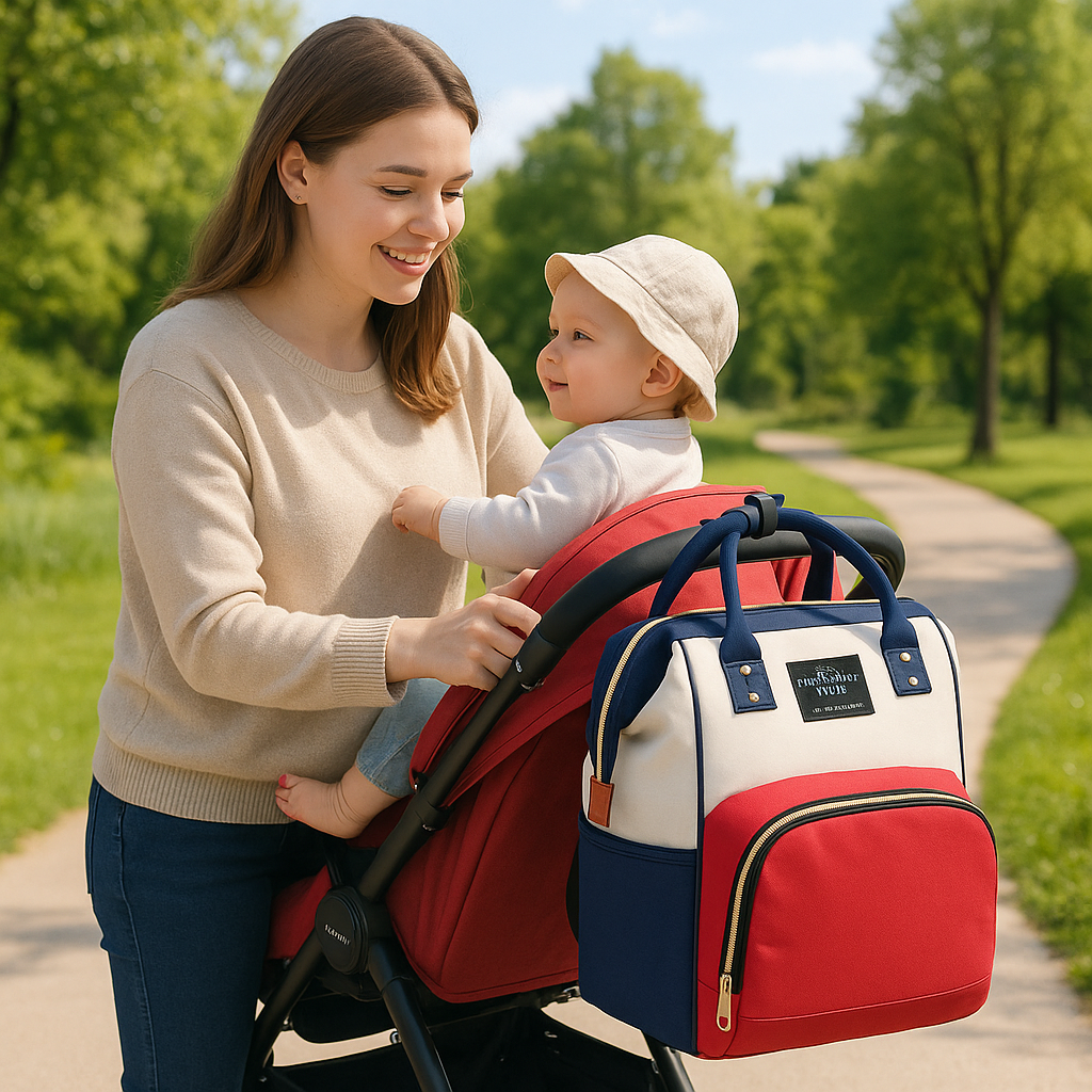 Maman en promenade et sac a langer bebe tricolore sur poussette