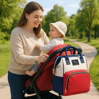 Maman en promenade et sac a langer bebe tricolore sur poussette
