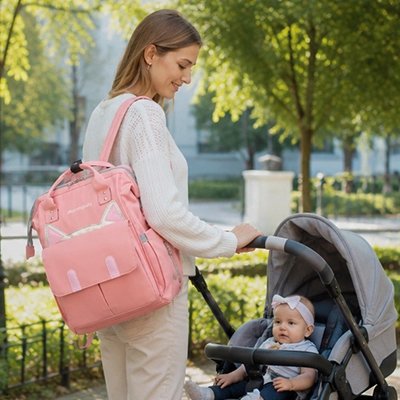 Maman en promenade poussette et son sac a dos a langer chat rose.