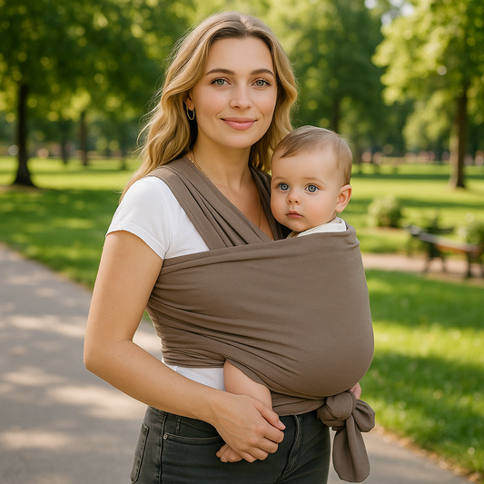 Maman en promenade transportant bébé dans écharpe de portage bébé