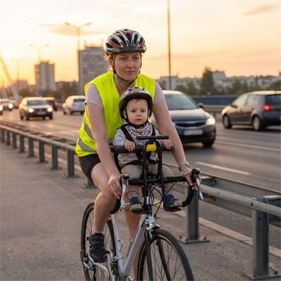 Maman en promenade à vélo avec bébé dans porte bebe velo 