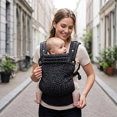 Maman en ville avec son porte bebe leopard gris foncé.