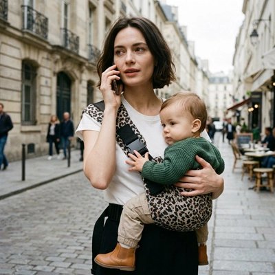 Maman en ville avec son porte bébé urbain léopard clair.